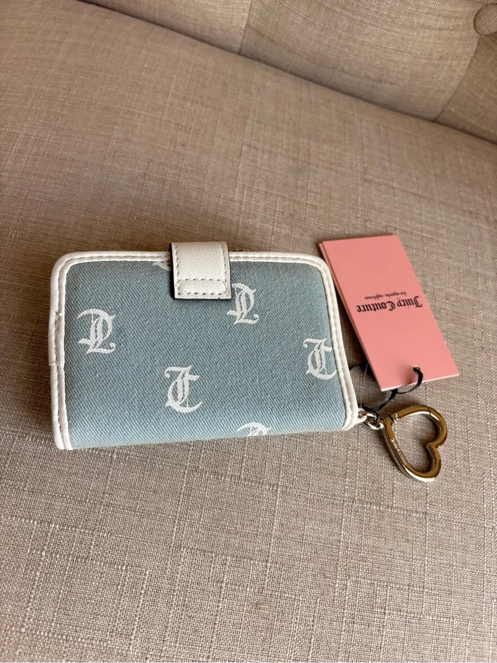 Juicy Couture Cream and White Mini Card Wallet with Heart Snap